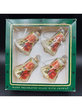 Vintage Hand Decorated Glass Christmas Bell Ornaments 4 Pc Set With Floral